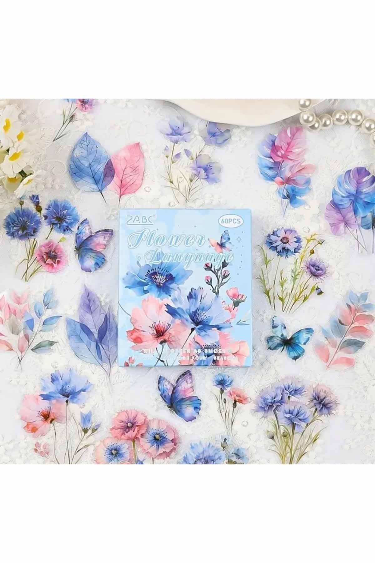 60 Adet Şeffaf Mavi Pembe Çiçek Sticker Bullet Journal Scrapbook Şeffaf Laptop Ajanda Planlayıcı