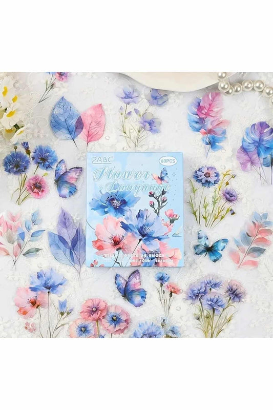 60 Adet Şeffaf Mavi Pembe Çiçek Sticker Bullet Journal Scrapbook Şeffaf Laptop Ajanda Planlayıcı