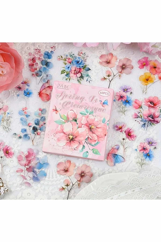 60 Adet Şeffaf Pembe Çiçek Sticker Bullet Journal Scrapbook Şeffaf Laptop Ajanda Planlayıcı
