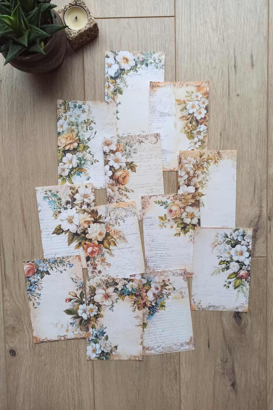 12 Adet Eskitme Vintage Çiçek El Yazı Temalı Scrapbook Kağıt Seti Bullet Journal Dekupaj Kağıdı