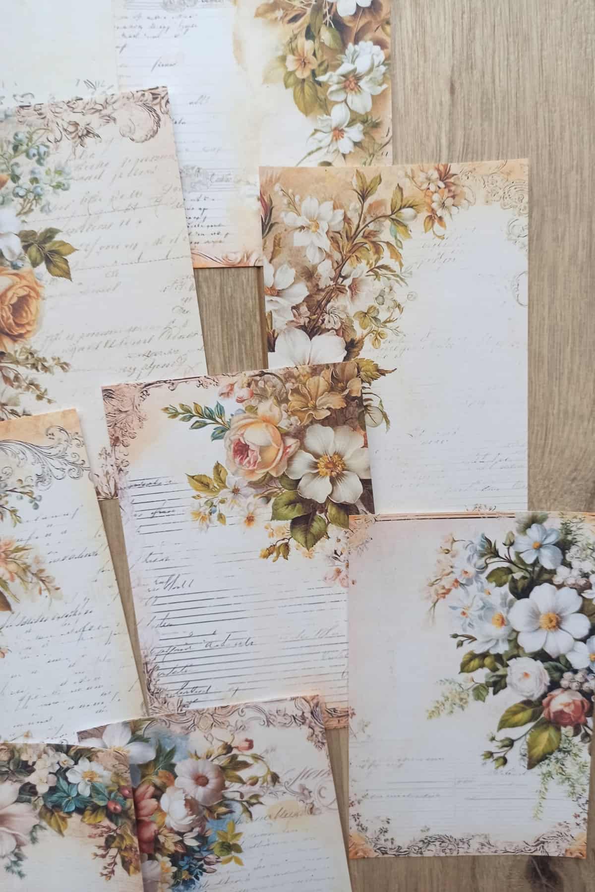 12 Adet Eskitme Vintage Çiçek El Yazı Temalı Scrapbook Kağıt Seti Bullet Journal Dekupaj Kağıdı