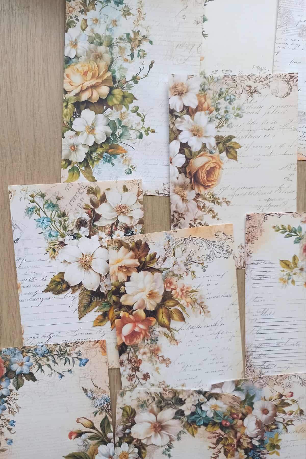 12 Adet Eskitme Vintage Çiçek El Yazı Temalı Scrapbook Kağıt Seti Bullet Journal Dekupaj Kağıdı