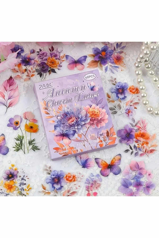 60 Adet Şeffaf Mor Çiçek Sticker Bullet Journal Scrapbook Şeffaf Laptop Ajanda Planlayıcı