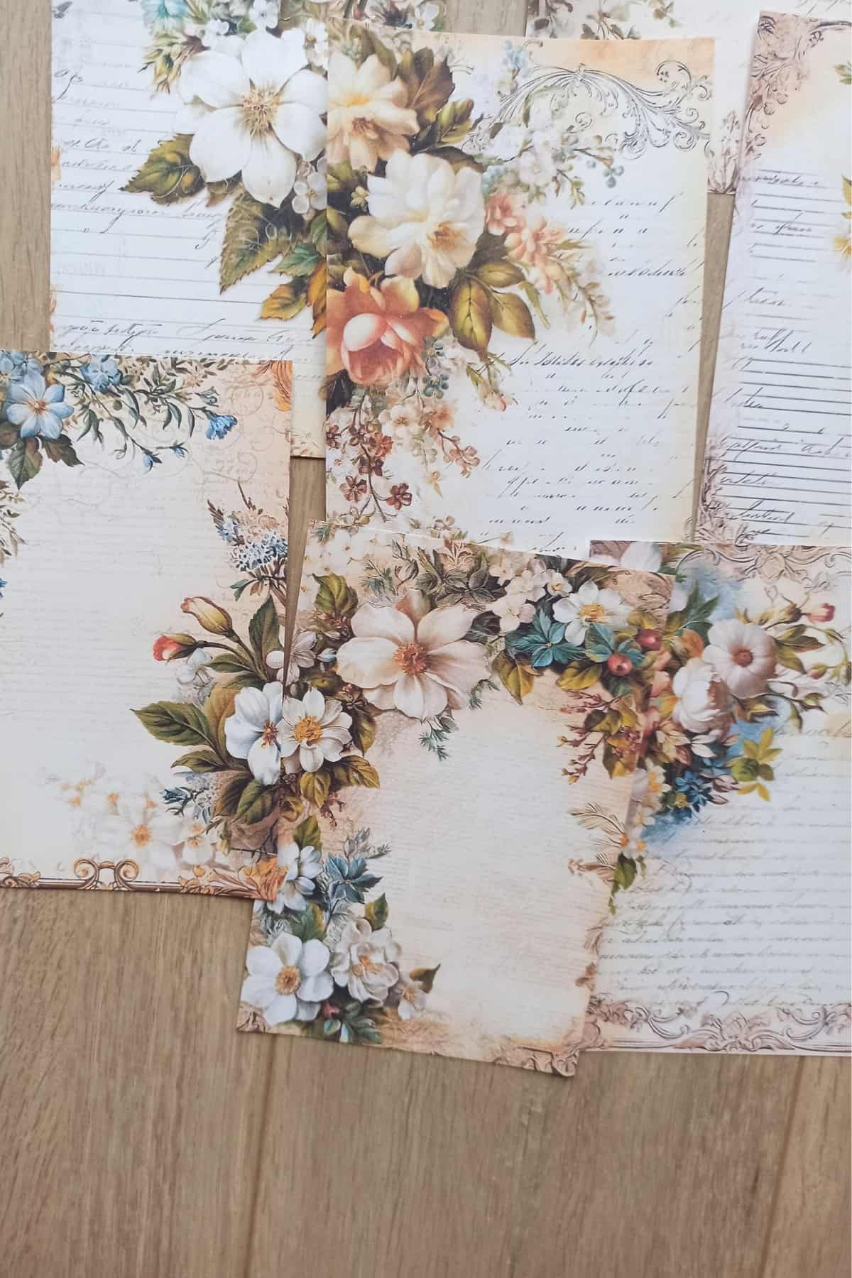 12 Adet Eskitme Vintage Çiçek El Yazı Temalı Scrapbook Kağıt Seti Bullet Journal Dekupaj Kağıdı