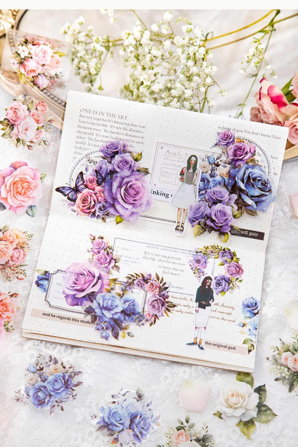 Şeffaf Çiçek Sticker Kesimli Bant Pet Tape Döngü 5x35cm Scrapbook Bullet Journal Ajanda Gül