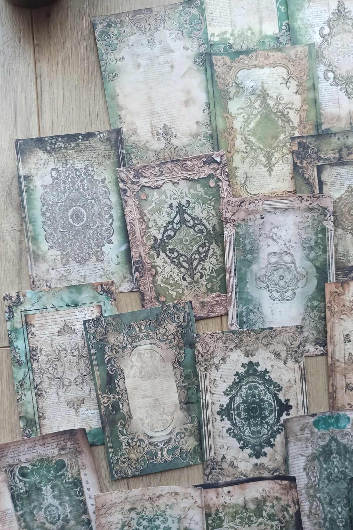 20 Adet Eskitme Vintage Yeşil Temalı Scrapbook Kağıt Seti Bullet Journal Dekupaj Kağıdı