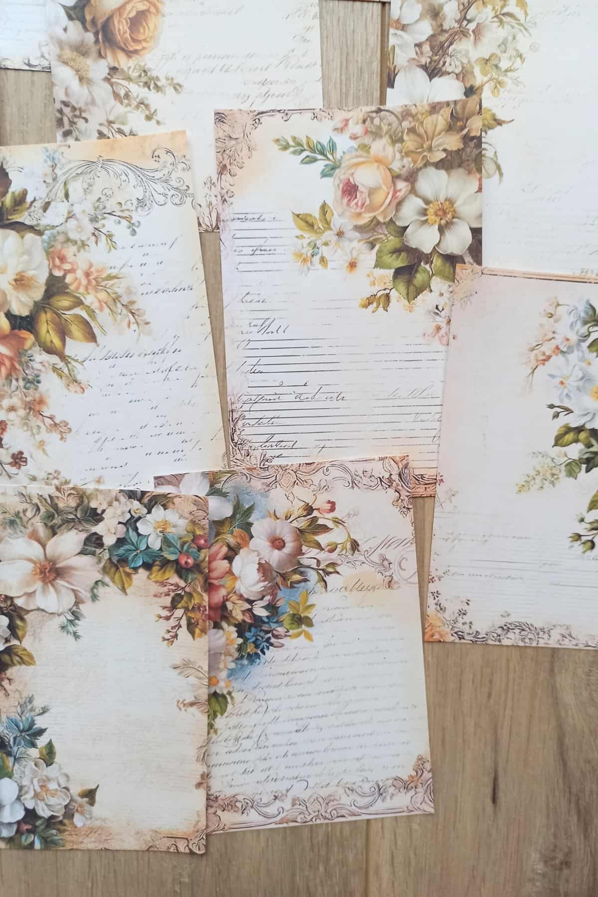 12 Adet Eskitme Vintage Çiçek El Yazı Temalı Scrapbook Kağıt Seti Bullet Journal Dekupaj Kağıdı