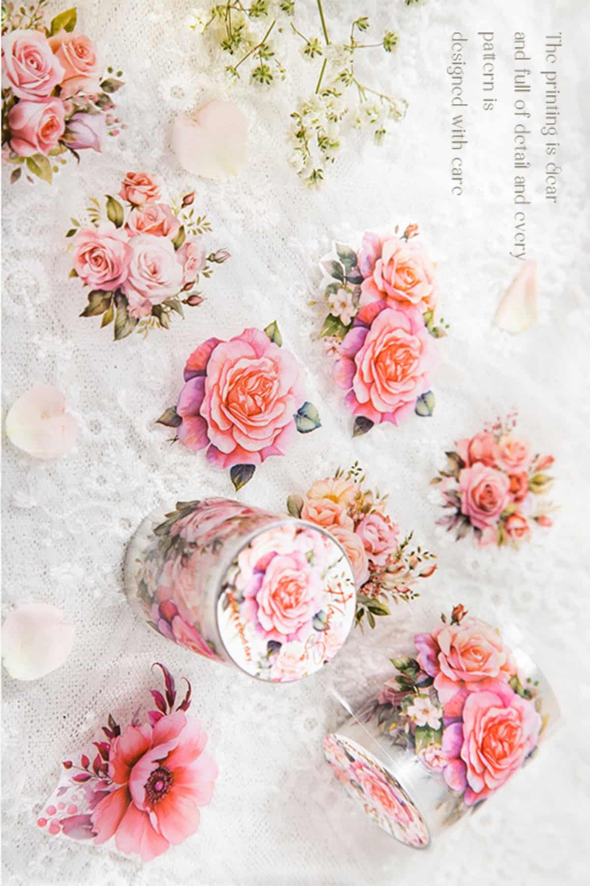 Pembe Şeffaf Çiçek Sticker Kesimli Bant Pet Tape Döngü 5x40cm Scrapbook Bullet Journal Ajanda Gül