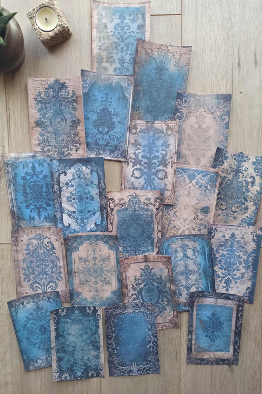 20 Adet Eskitme Vintage Mavi Temalı Scrapbook Kağıt Seti Bullet Journal Dekupaj Kağıdı