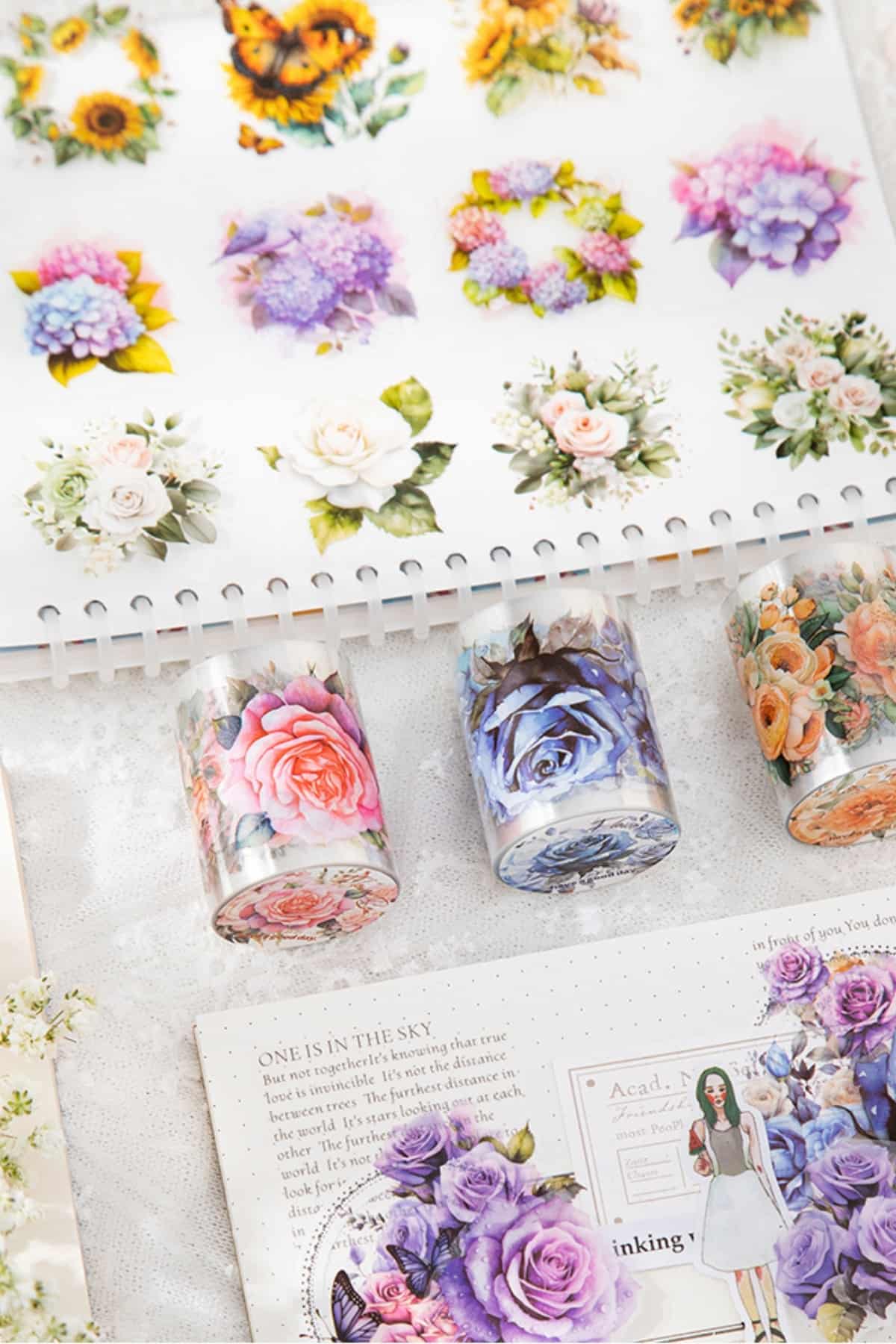 Şeffaf Çiçek Sticker Kesimli Bant Pet Tape Döngü 5x35cm Scrapbook Bullet Journal Ajanda Gül