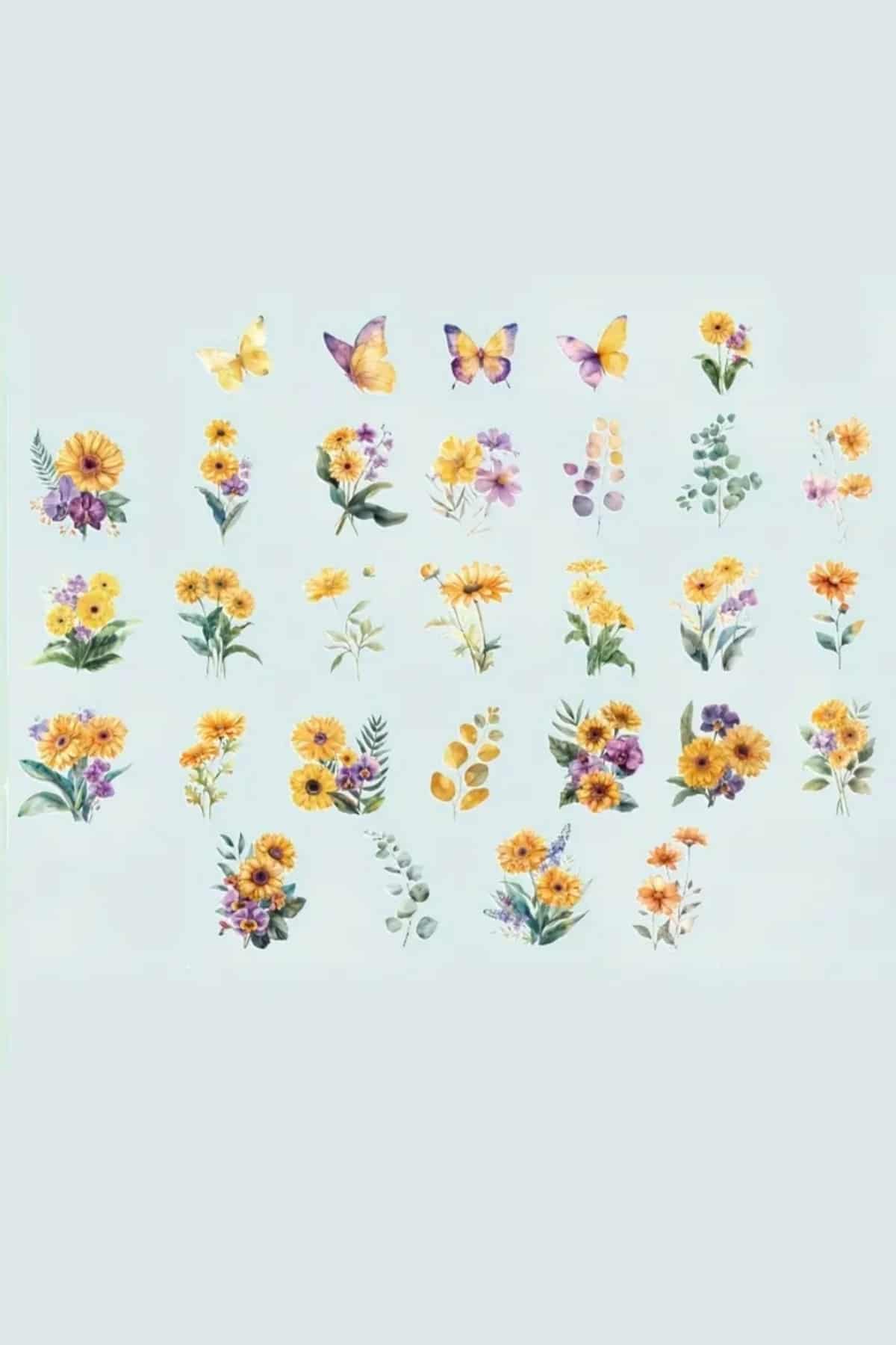 60 Adet Kutulu Şeffaf Çiçek Sticker Bullet Journal Scrapbook Şeffaf Laptop Ajanda Planlayıcı