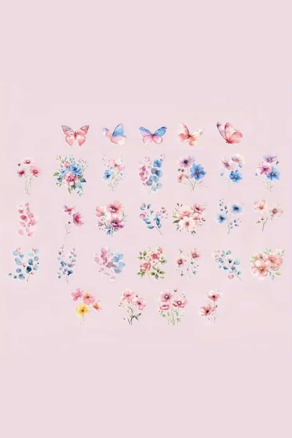 60 Adet Şeffaf Pembe Çiçek Sticker Bullet Journal Scrapbook Şeffaf Laptop Ajanda Planlayıcı