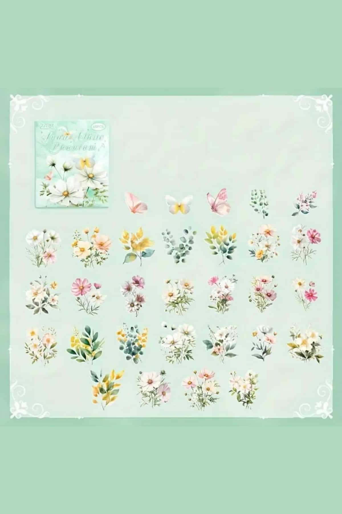 60 Adet Kutulu Şeffaf Çiçek Sticker Bullet Journal Scrapbook Şeffaf Laptop Ajanda Planlayıcı