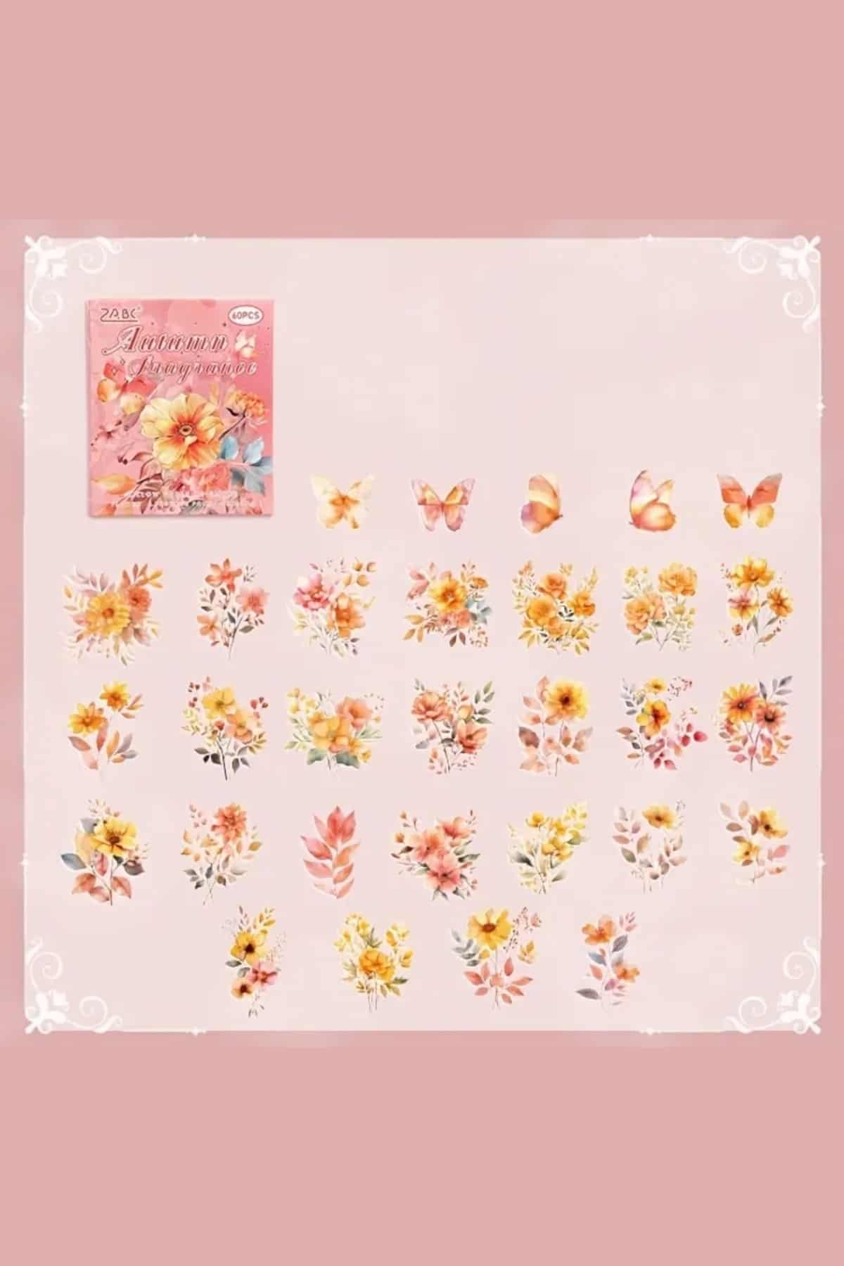 60 Adet Şeffaf Turuncu Çiçek Sticker Bullet Journal Scrapbook Şeffaf Laptop Ajanda Planlayıcı