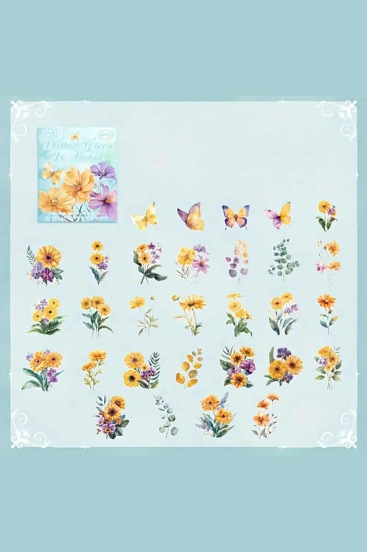 60 Adet Şeffaf Sarı Mor Çiçek Sticker Bullet Journal Scrapbook Şeffaf Laptop Ajanda Planlayıcı