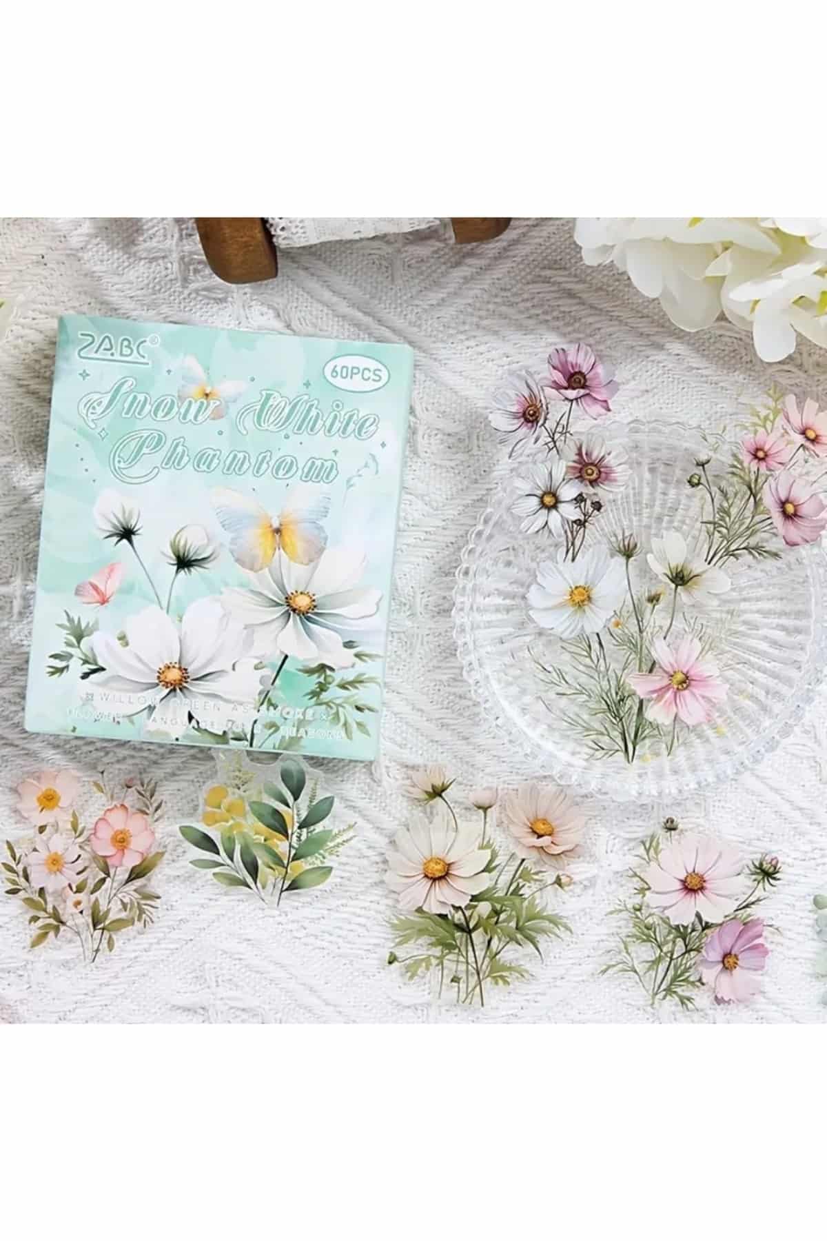 60 Adet Kutulu Şeffaf Çiçek Sticker Bullet Journal Scrapbook Şeffaf Laptop Ajanda Planlayıcı