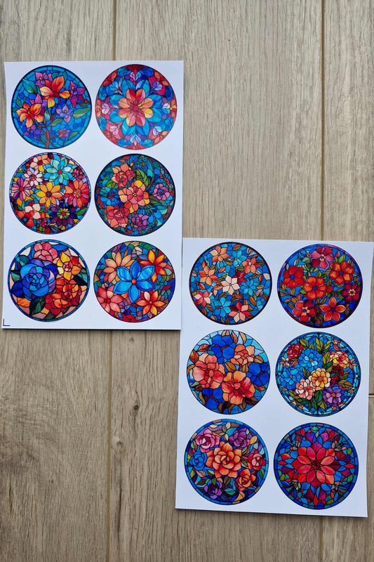 12 Adet Vitray Çiçek Sticker Seti Bullet Journal Laptop Termos Scrapbook Renkli Cam Yuvarlak Sticker