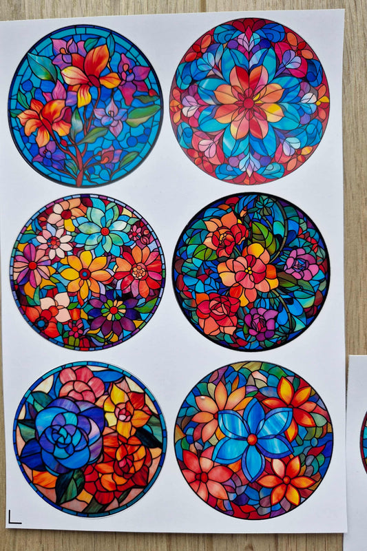 12 Adet Vitray Çiçek Sticker Seti Bullet Journal Laptop Termos Scrapbook Renkli Cam Yuvarlak Sticker