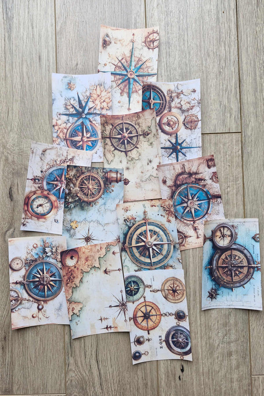 12 Adet Scrapbook Eskitme Pusula Harita Temalı Scrapbook Kağıt Seti Bullet Journal Dekupaj Kağıdı