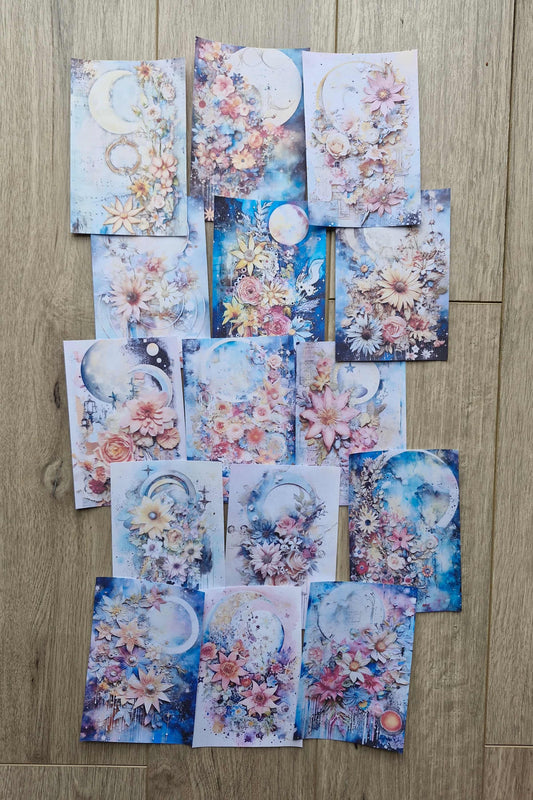 15 Adet Suluboya Celestial Ay Hilal Temalı Scrapbook Kağıt Seti Bullet Journal Dekupaj Kağıdı