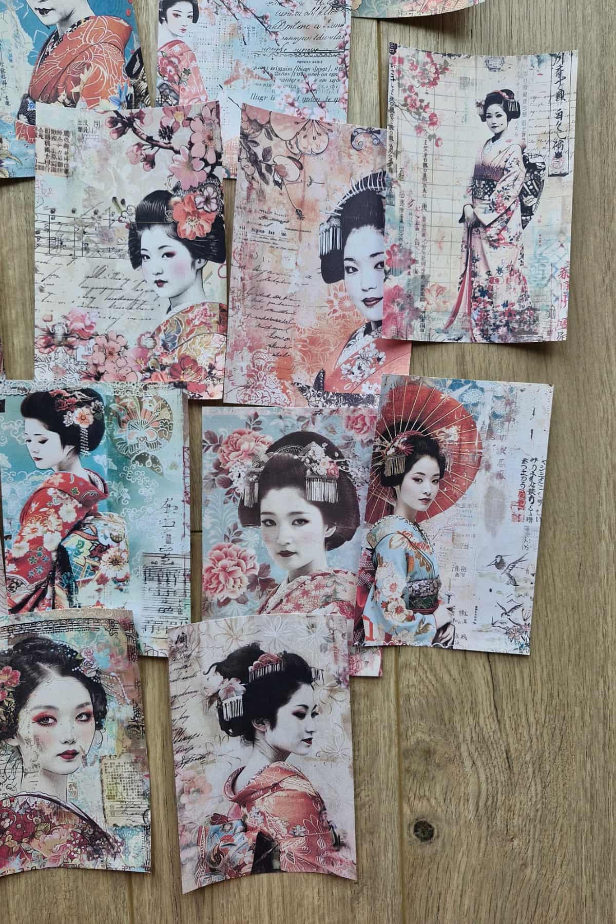 14 Adet Eskitme Japon Geisha Temalı Scrapbook Kağıt Seti Bullet Journal Dekupaj Kağıdı