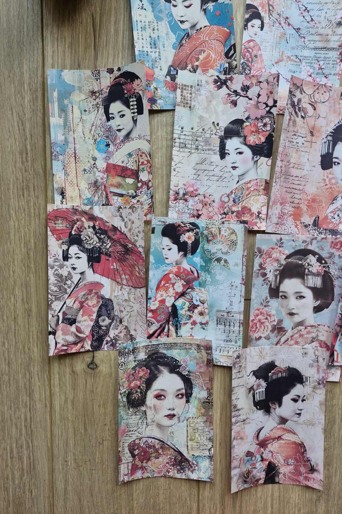 14 Adet Eskitme Japon Geisha Temalı Scrapbook Kağıt Seti Bullet Journal Dekupaj Kağıdı
