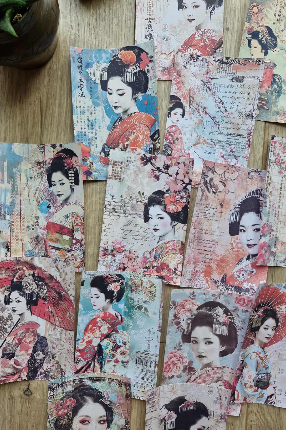 14 Adet Eskitme Japon Geisha Temalı Scrapbook Kağıt Seti Bullet Journal Dekupaj Kağıdı