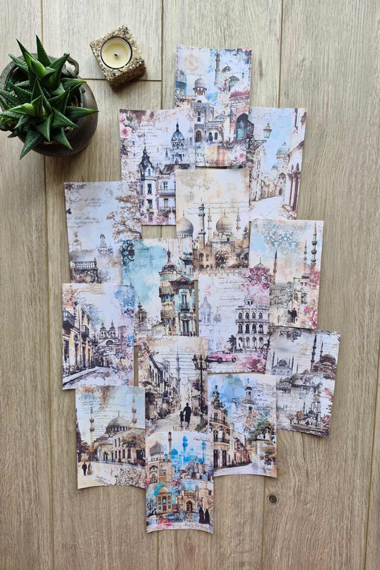 14 Adet Eskitme Camii Manzara Temalı Scrapbook Kağıt Seti Bullet Journal Dekupaj Kağıdı