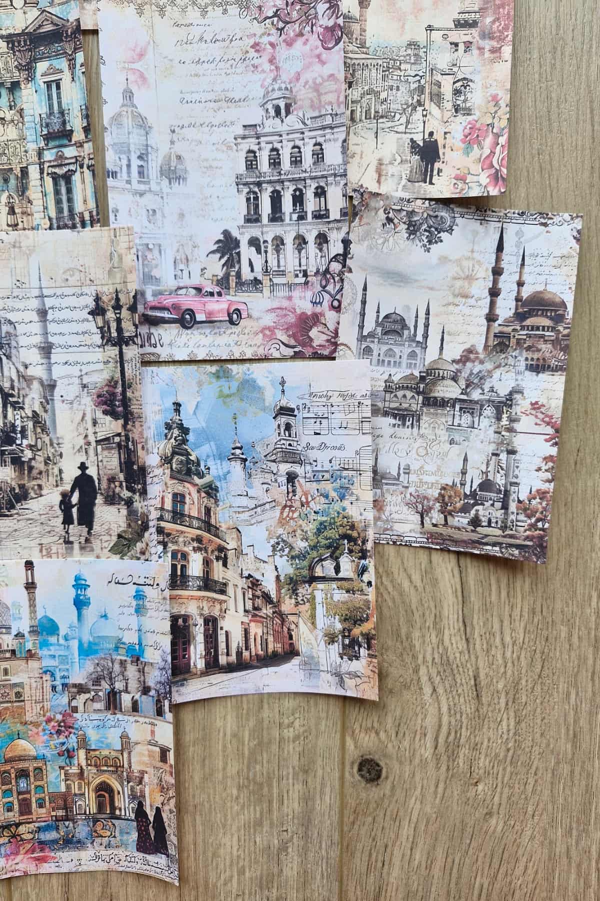 14 Adet Eskitme Camii Manzara Temalı Scrapbook Kağıt Seti Bullet Journal Dekupaj Kağıdı