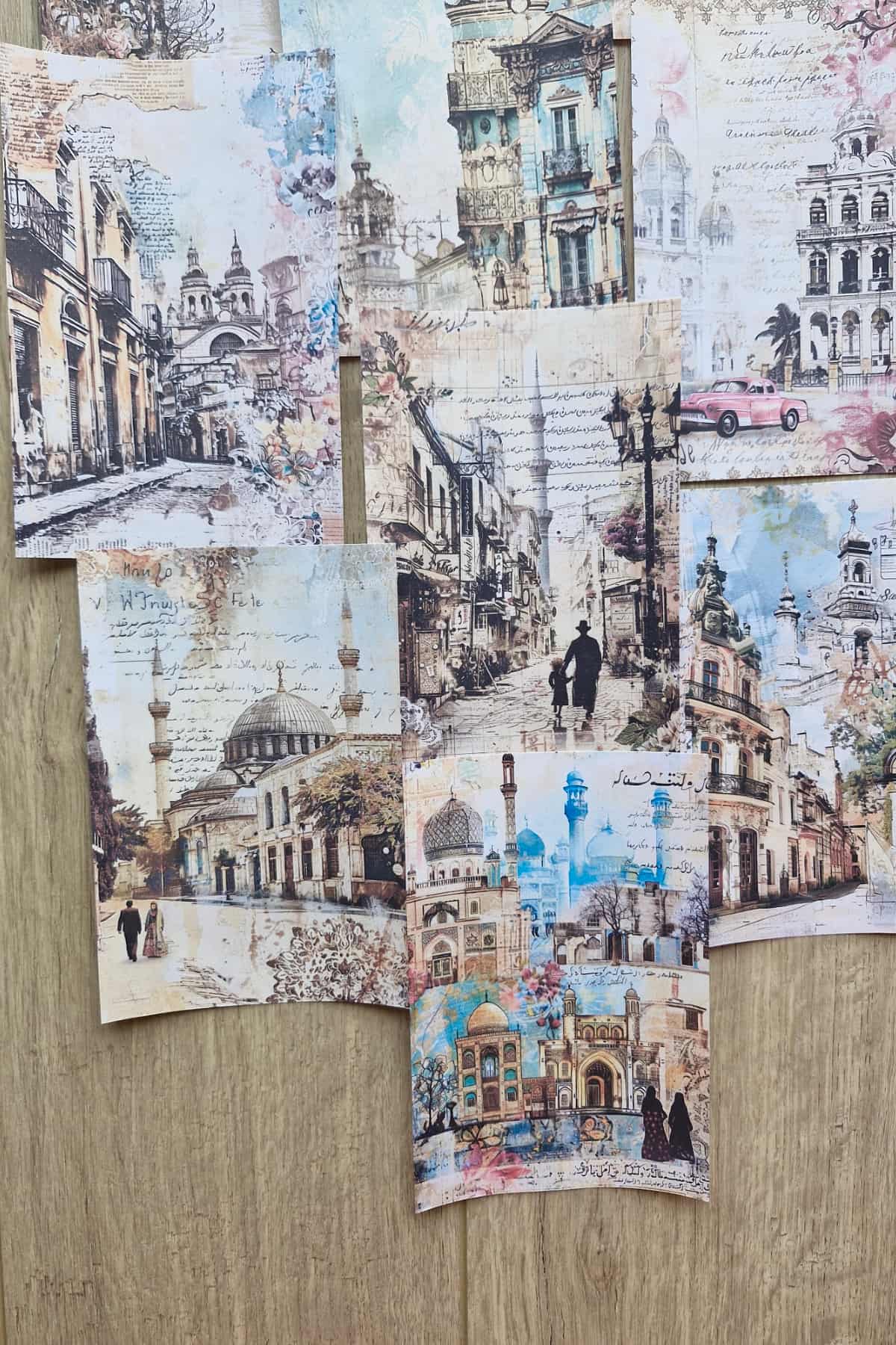 14 Adet Eskitme Camii Manzara Temalı Scrapbook Kağıt Seti Bullet Journal Dekupaj Kağıdı