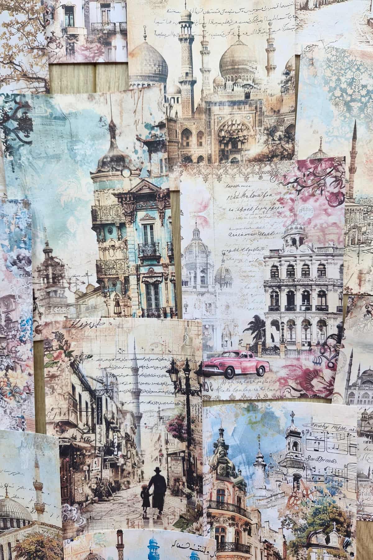 14 Adet Eskitme Camii Manzara Temalı Scrapbook Kağıt Seti Bullet Journal Dekupaj Kağıdı