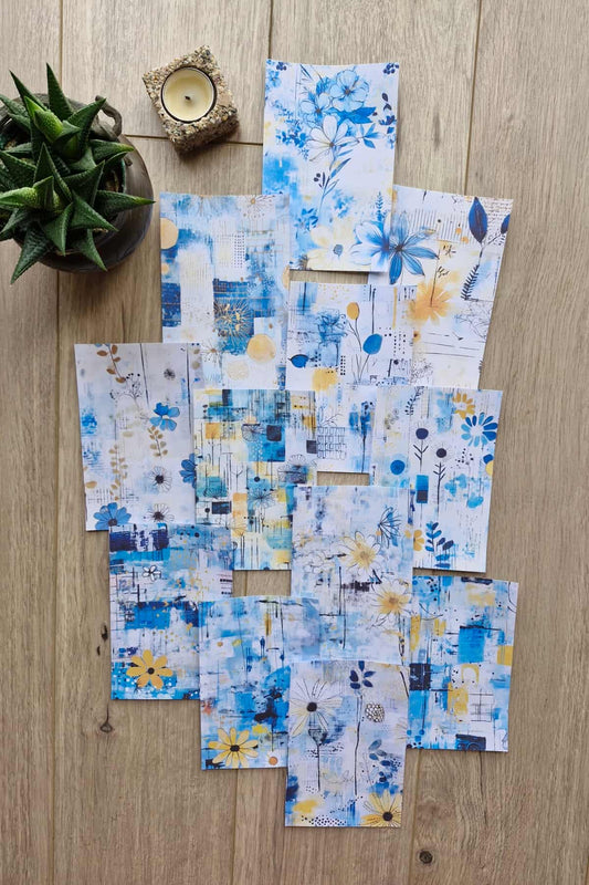 12 Adet Scrapbook Mavi Sarı Çiçek Temalı Scrapbook Kağıt Seti Bullet Journal Dekupaj Kağıdı