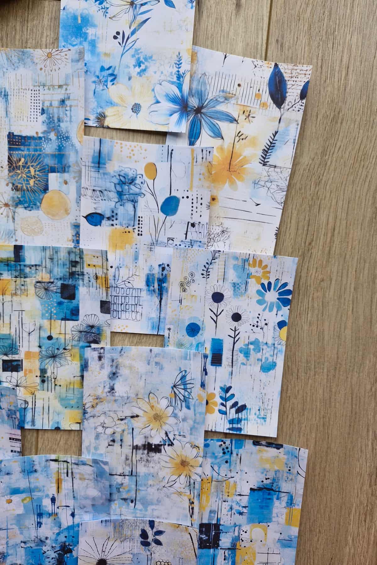 12 Adet Scrapbook Mavi Sarı Çiçek Temalı Scrapbook Kağıt Seti Bullet Journal Dekupaj Kağıdı