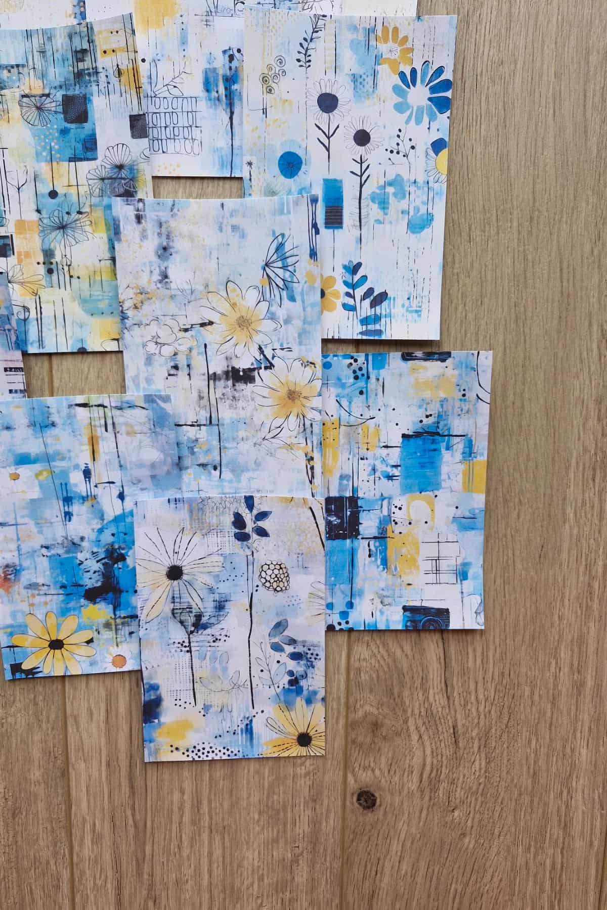 12 Adet Scrapbook Mavi Sarı Çiçek Temalı Scrapbook Kağıt Seti Bullet Journal Dekupaj Kağıdı