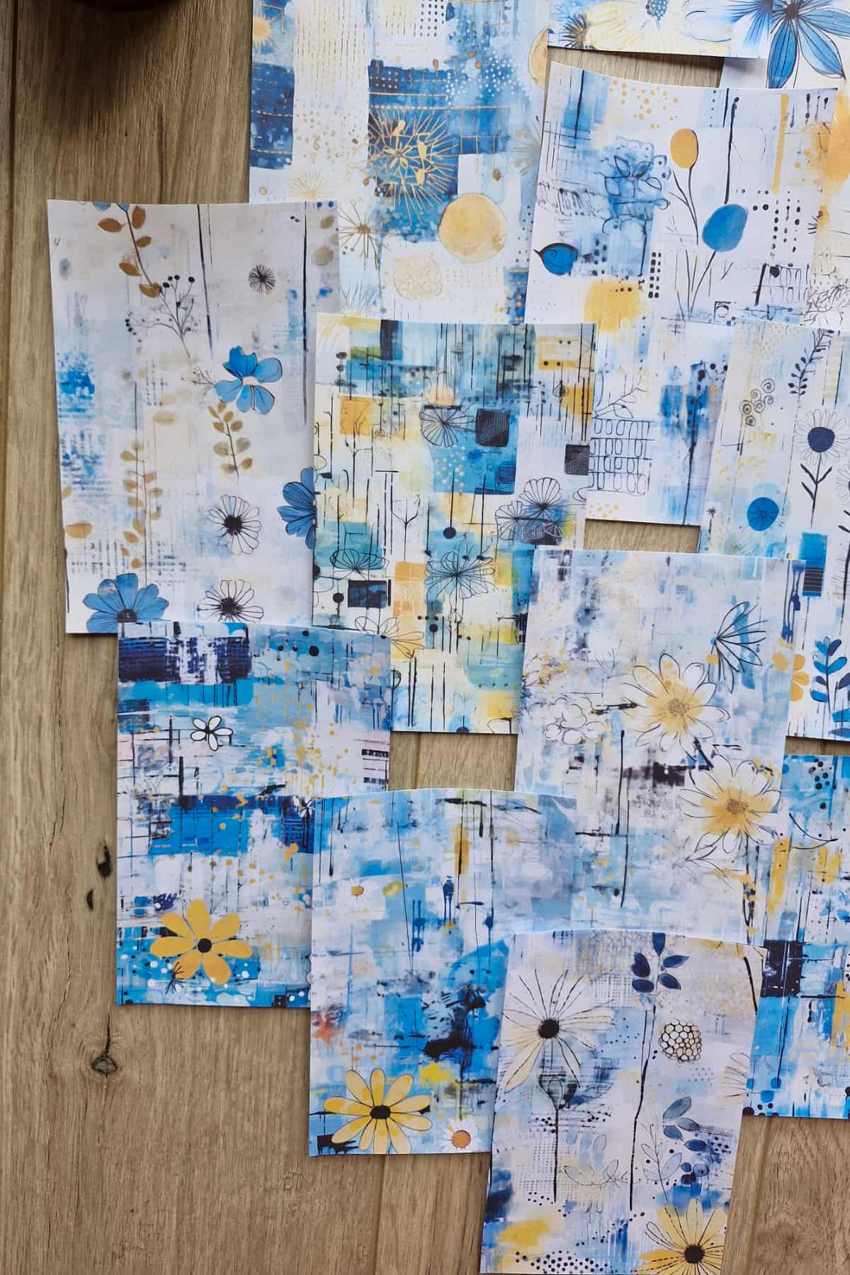 12 Adet Scrapbook Mavi Sarı Çiçek Temalı Scrapbook Kağıt Seti Bullet Journal Dekupaj Kağıdı