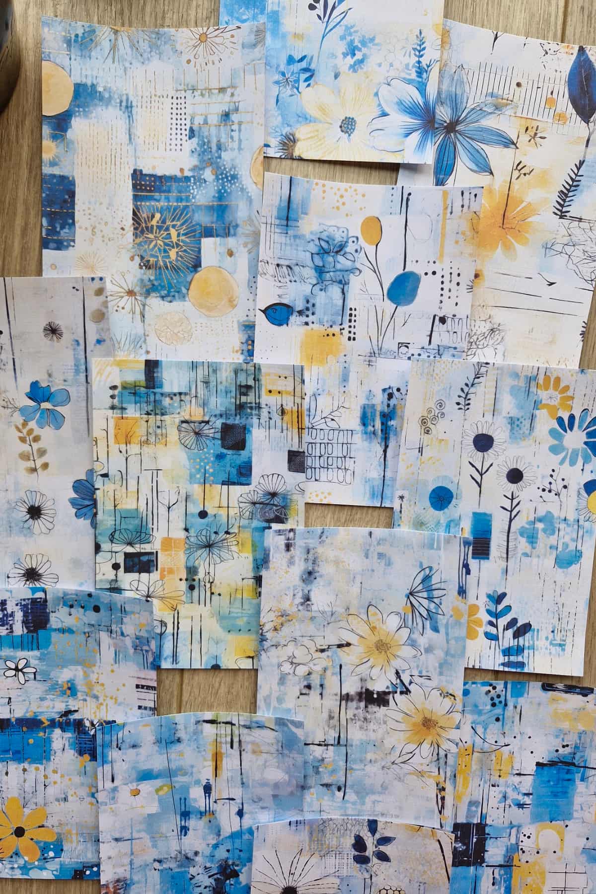 12 Adet Scrapbook Mavi Sarı Çiçek Temalı Scrapbook Kağıt Seti Bullet Journal Dekupaj Kağıdı