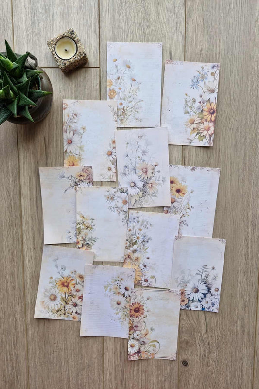 12 Adet Scrapbook Eskitme Papatya Temalı Scrapbook Kağıt Seti Bullet Journal Dekupaj Kağıdı