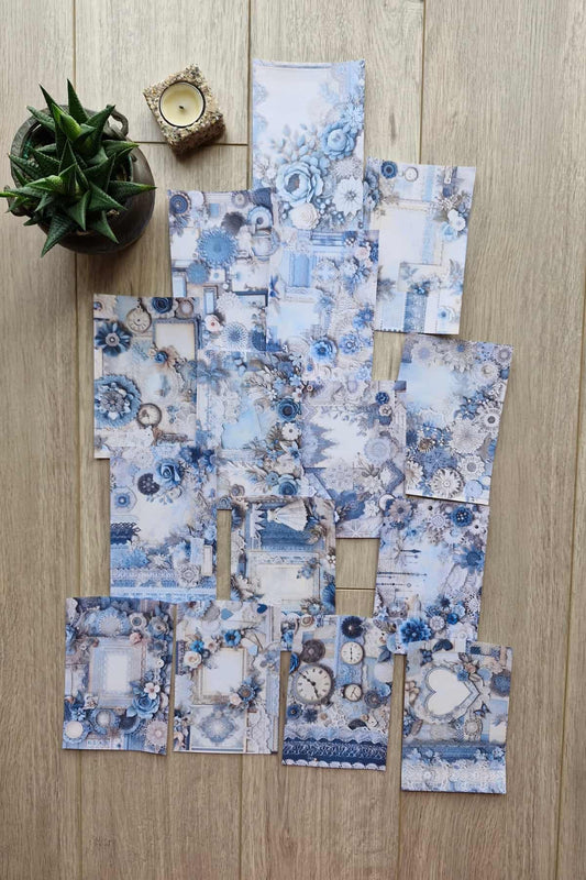 15 Adet Mavi Dantel Gül Temalı Scrapbook Kağıt Seti Bullet Journal Dekupaj Kağıdı
