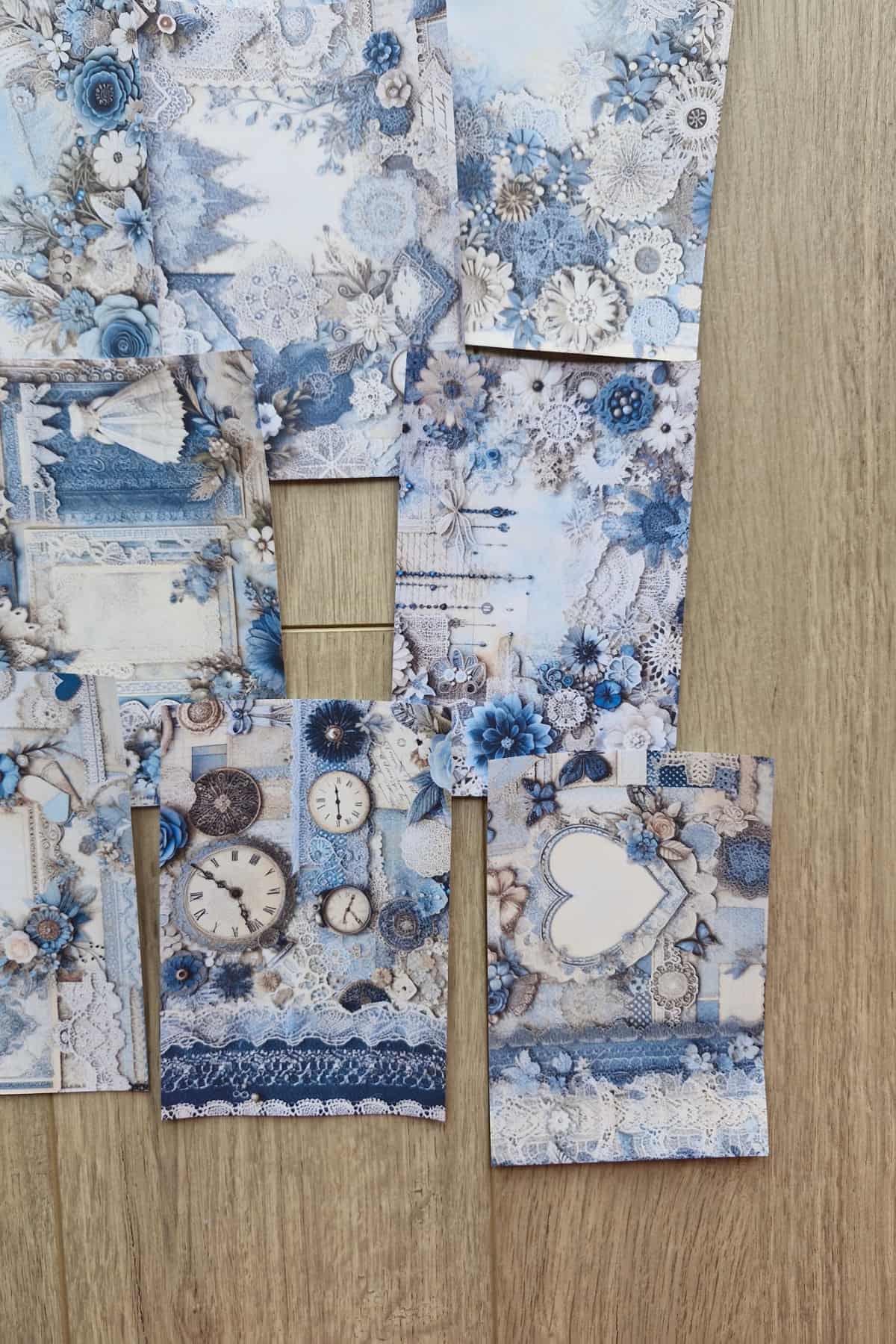 15 Adet Mavi Dantel Gül Temalı Scrapbook Kağıt Seti Bullet Journal Dekupaj Kağıdı