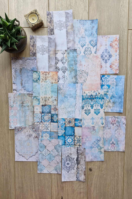 19 Adet Eskitme Çini Desen Temalı Scrapbook Kağıt Seti Bullet Journal Dekupaj Kağıdı