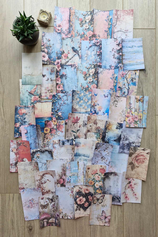 67 Adet Eskitme Vintage Çiçek Temalı Scrapbook Kağıt Seti Bullet Journal Dekupaj Kağıdı