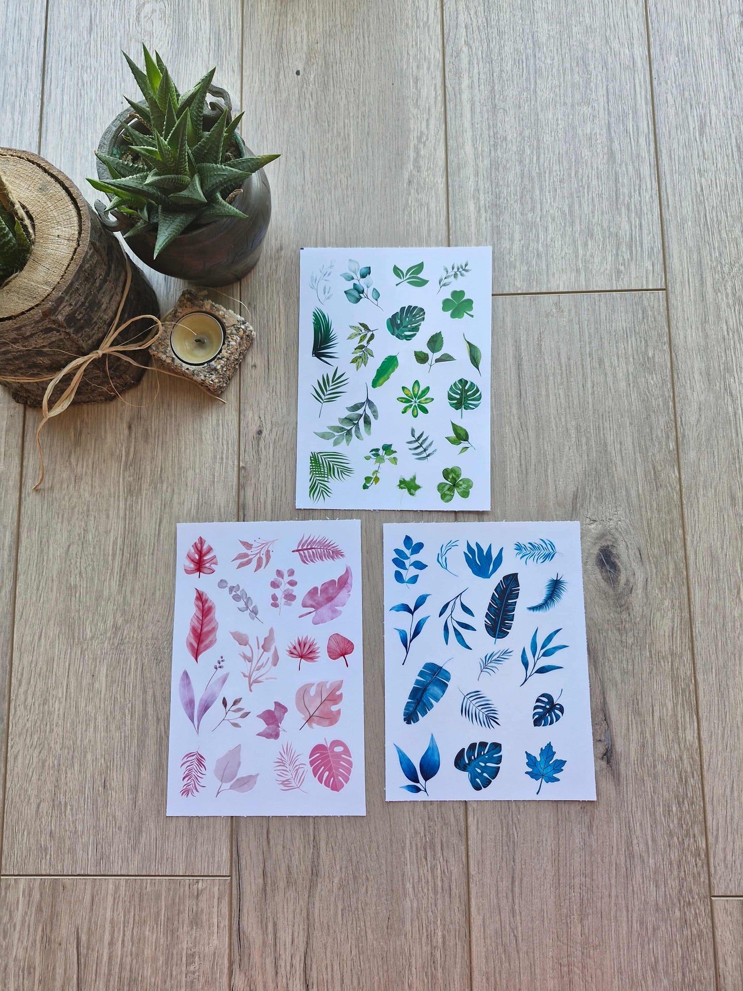3 Parça 55 Adet Şeffaf Yaprak Sticker Seti Bullet Journal Scrapbook Şeffaf Sticker Mavi Yeşil Pembe