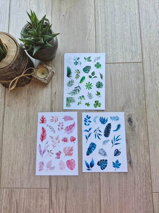 3 Parça 55 Adet Şeffaf Yaprak Sticker Seti Bullet Journal Scrapbook Şeffaf Sticker Mavi Yeşil Pembe