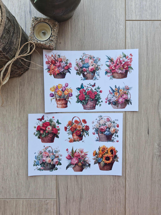 2 Sayfa 12 Adet Çiçek Sepeti Sticker Seti Çiçek Gül Ayçiçeği Lale Sepet Sticker Vintage Sticker