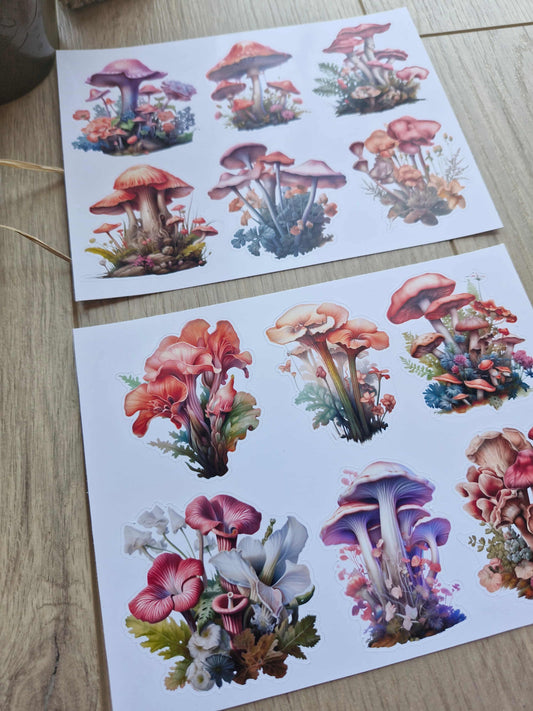 2 Sayfa 12 Adet Mantar Temalı Sticker Seti Çiçek Renkli Mantar Sticker Vintage Sticker