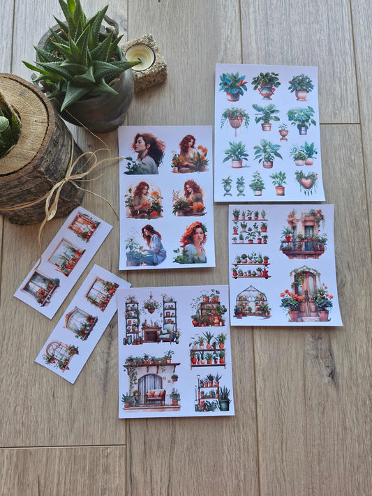 6 Parça 37 Adet Saksı Kız Sticker Seti Bitki Penecere Saksı Kız Sticker Yeşil Turuncu