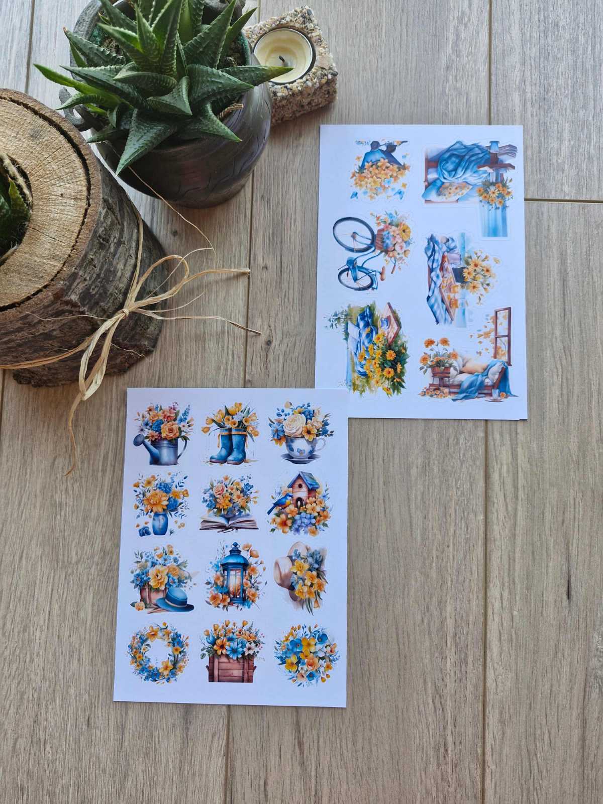 2 Sayfa 18 Adet Mavi Sarı Çiçek Temalı Sticker Seti Piknik Pencere Bisiklet Sticker Vintage Sticker