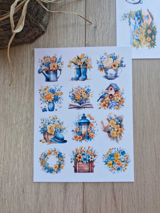 2 Sayfa 18 Adet Mavi Sarı Çiçek Temalı Sticker Seti Piknik Pencere Bisiklet Sticker Vintage Sticker