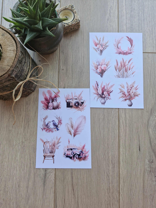 2 Sayfa 12 Adet Pembe Pampas Sticker Pembe Sarı Pampas Çiçek Sticker Vintage Sticker