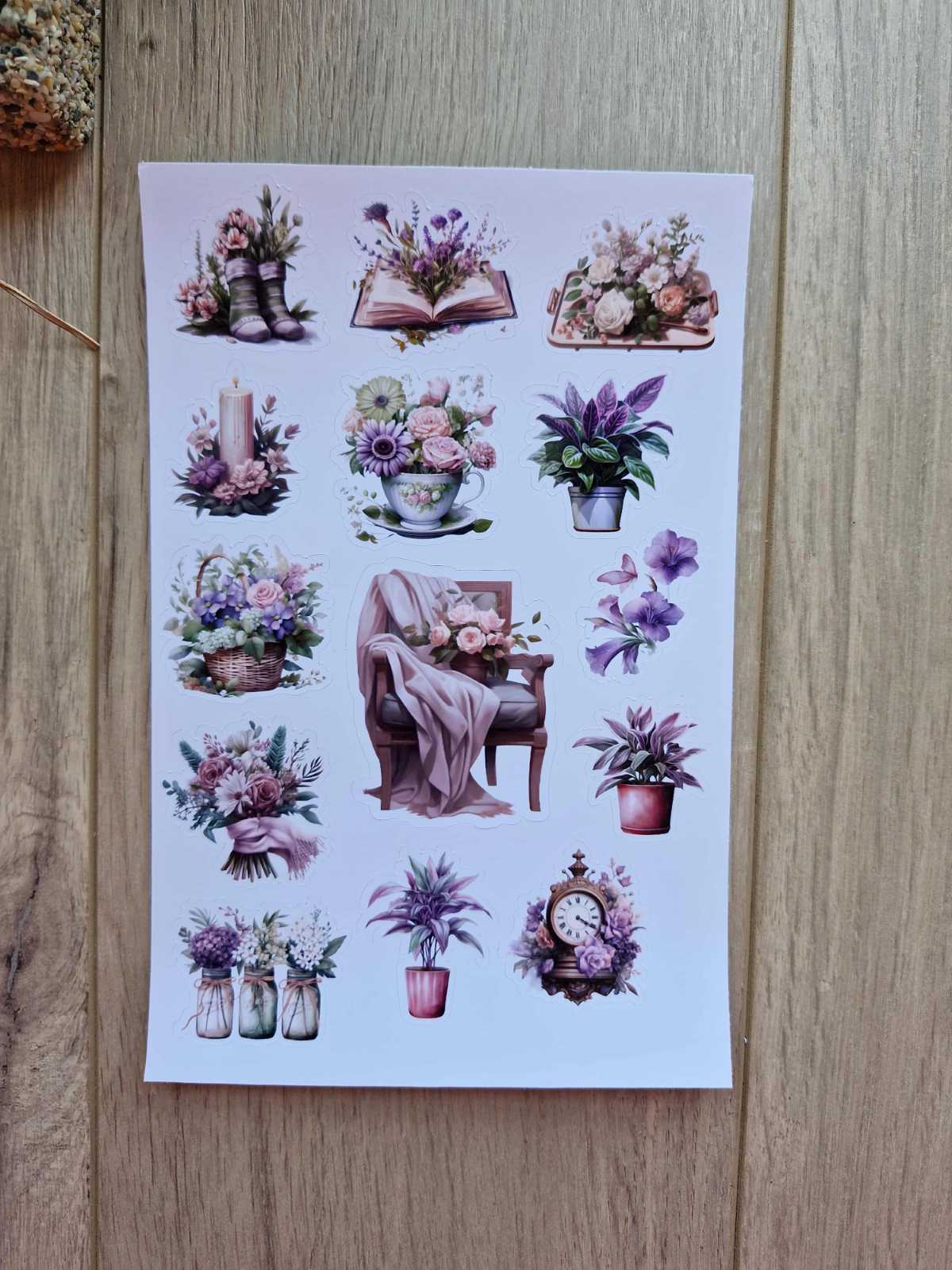 2 Sayfa 21 Adet Mor Temalı Sticker Yeşil Mor Çiçek KIz Sticker Vintage Sticker